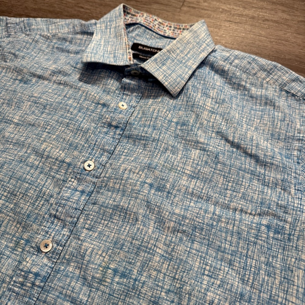Bugatchi Shirt Mens Large Blue Linen Blend Abstract Classic Fit Short Sleeve